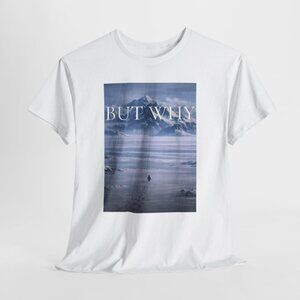 Size M Minimalist Graphic T-Shirt – “But Why” Mountain Quote Tee, Aesthetic